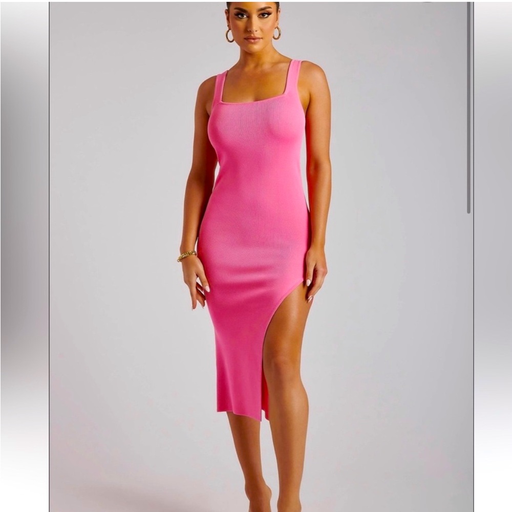 Meshki Jenna Pink Square Neckline Bandage Slit Midi Dress Barbiecore